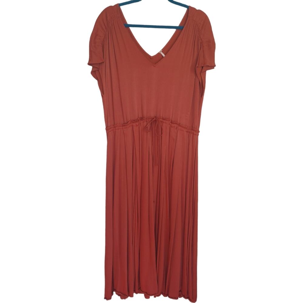 Free People Rust Orange Satin Oversized Midi Dress Short Sleeves